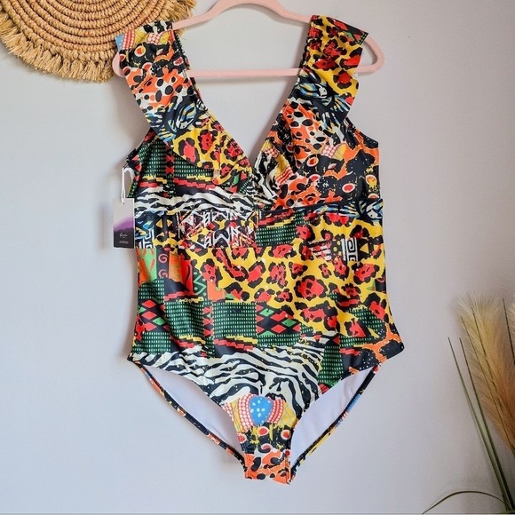 Averie New Harlow Tropical Animal Print Deep Plunge One Piece Swimsuit SZ XXXL
